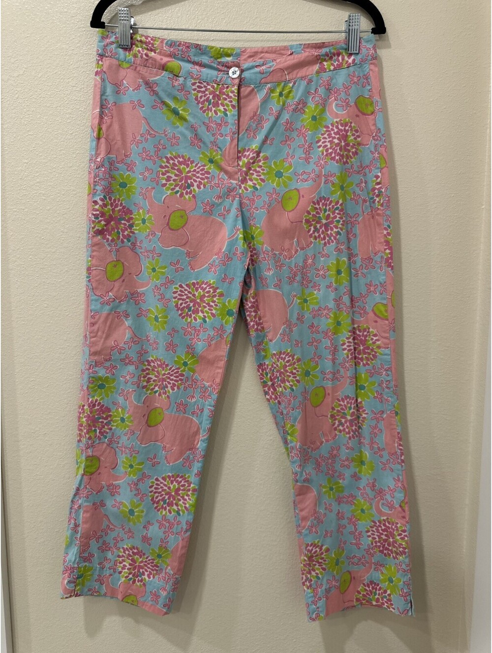 Vintage Lilly Pulitzer White Label Blue Pink Elephant Floral Print Pants Size 8